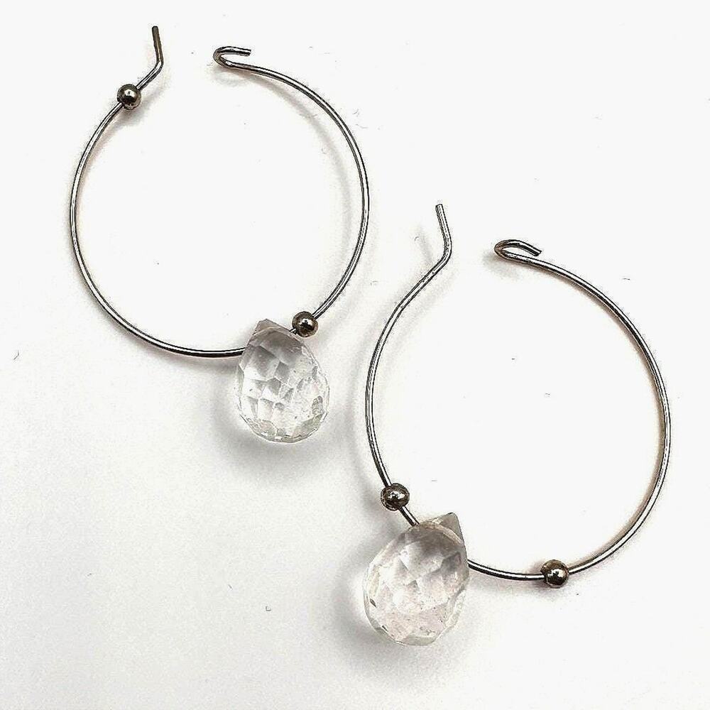 Vintage 80s Clear Quartz Teardrop Dangle Hoop Earrings Gold Tone Jewelry Retro